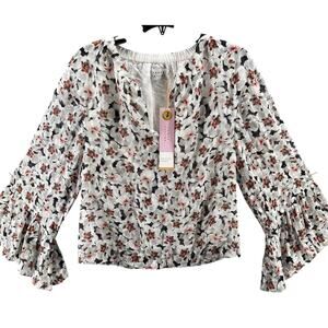 NWT Tanya Taylor Shirt Womens XS Ivory‎ Harper Floral Bell-Sleeve Silk Blend Top
